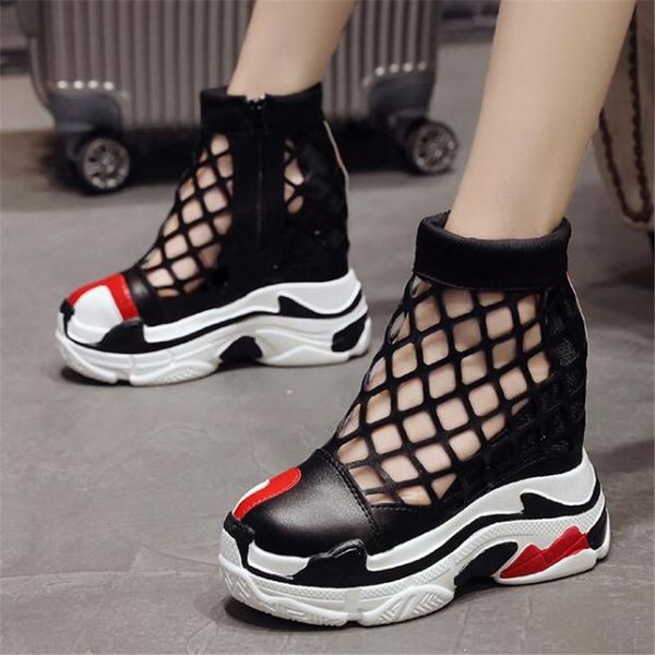 

arrival 2021 summer platform sandals women 6.5cm wedges thick bottom casual shoes comfortable hollow out chunky sneakers, Black