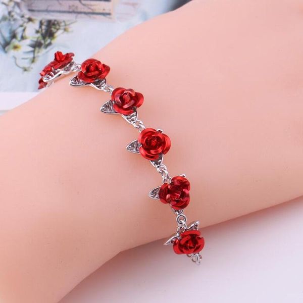 

link, chain charm bracelet rose gold color link romantic with red enamel jewelry valentine gift for lover, Black