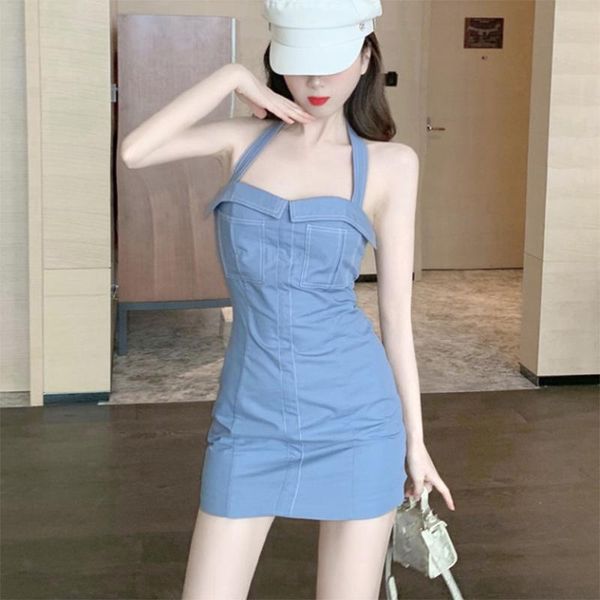 

casual dresses summer women dress fashion 2021 halter backless sleeveless bodycon club wear solid color korean style mini, Black;gray
