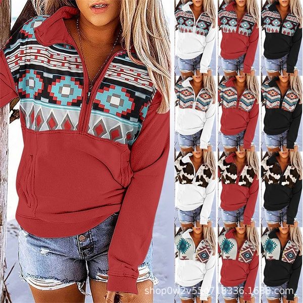 

2021 autumn winter new street trendsetter casual printed stand collar zipper pocket women's sweater, Black