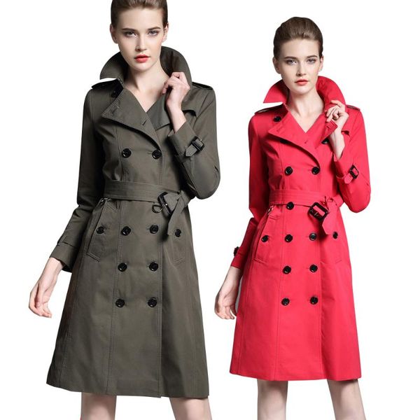 

women's trench coats women lady female long coat outwear belt 100% cotton vintage a-line double breasted high-end plus size black khaki, Tan;black