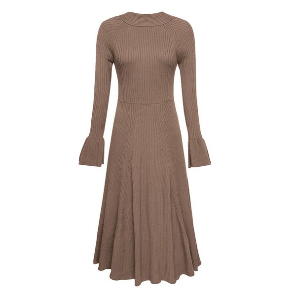 

brown solid knitted stand collar long sleeve midi dress autumn d0630 210514, Black;gray