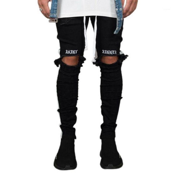 

men's jeans slim fit side stripe skinny denim distressed stretchy pencil pants men full length man's clothes cool ripped trousers, Blue