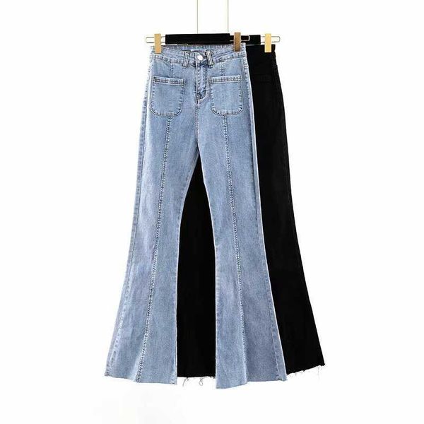 

women's jeans 2021 spring fashion high waist bule long stretch trumpet for women, Blue