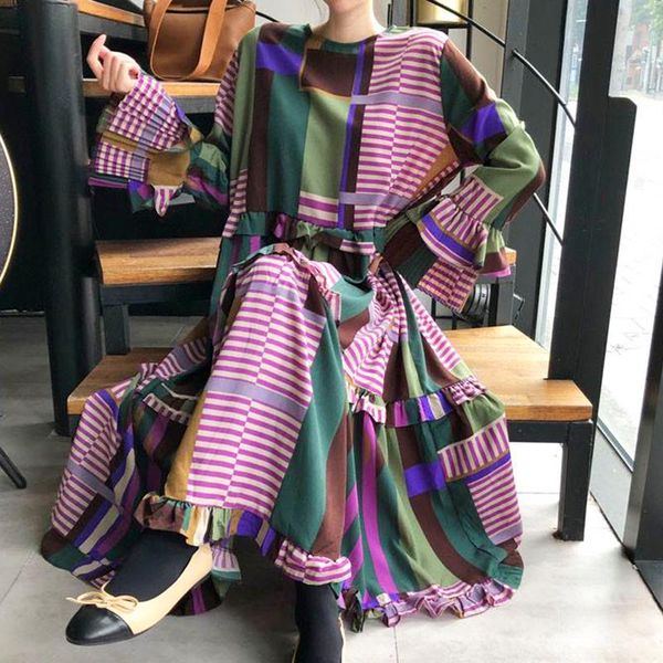 

casual dresses [ewq] 2021 autumn female loose round neck panelled plaid lantern sleeve minimalist wide hem pleated a-line dress 8q392, Black;gray