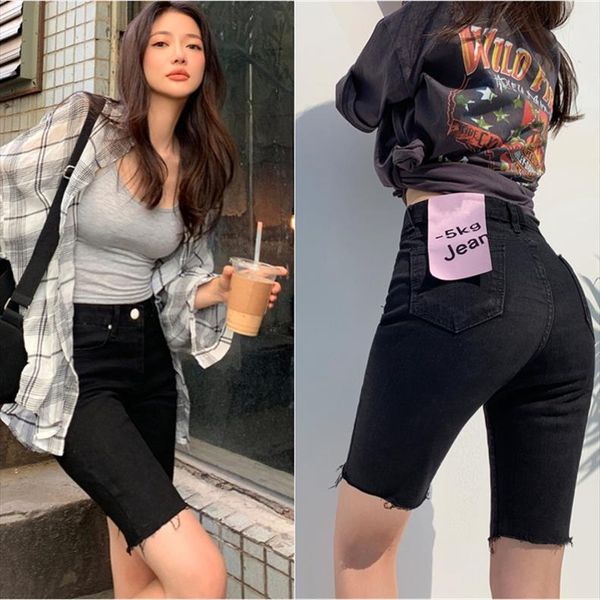 

jeans summer black high waist womens pants slim thin five point shorts short for women, Black;white