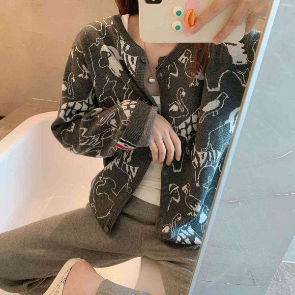 

21 autumn and winter new tb style loose graffiti v-neck sweater cardigan coat women's casual versatile top, White;black