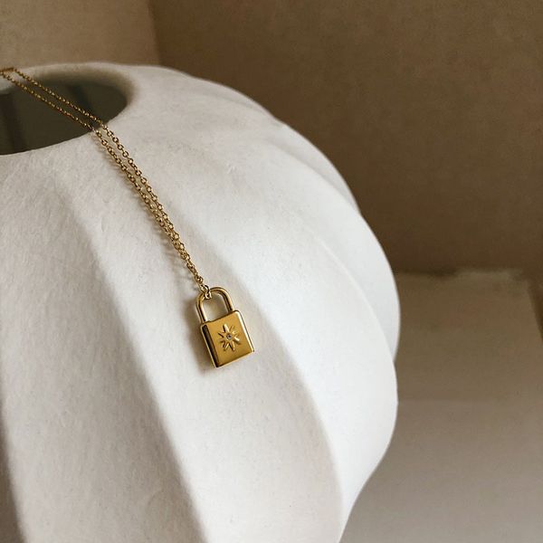 

ghidbk dainty stainless steel little star cubic zirconia lock charms pendant chokers minimalist street style neckalces jewelry, Silver