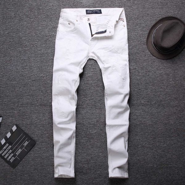 

men's jeans italian style fashion slim fit white ripped men elastic hip hop pants streetwear vintage designer homme a8ii 7ozm, Blue