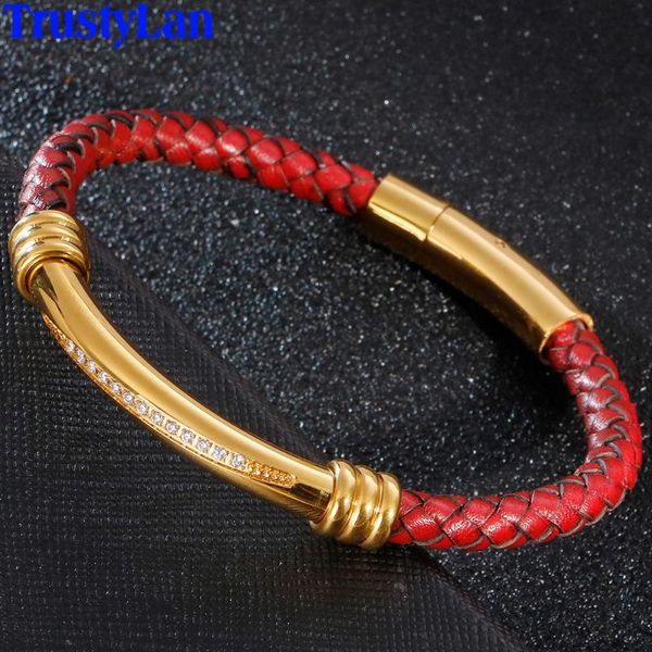 

tennis red leather bracelet men gold stainless steel with cz charms bangles braided rope wristband wrap bracelets male jewelry gifts, Golden;silver
