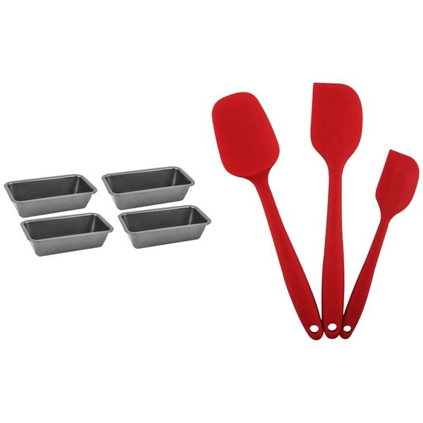 

baking & pastry tools 3pcs spatula silicone utensil set with handle & 4pcs square cake pan, nonstick bakeware toast mold tray