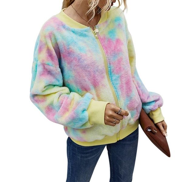 

long sleeve zipper jacket coat women's colorful plush with pockets stand collarloose casual . jackets, Black;brown