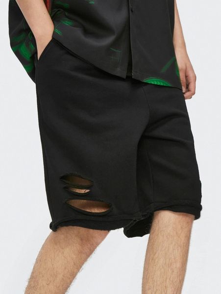 

men ripped drawstring waist shorts s5r8#, Black
