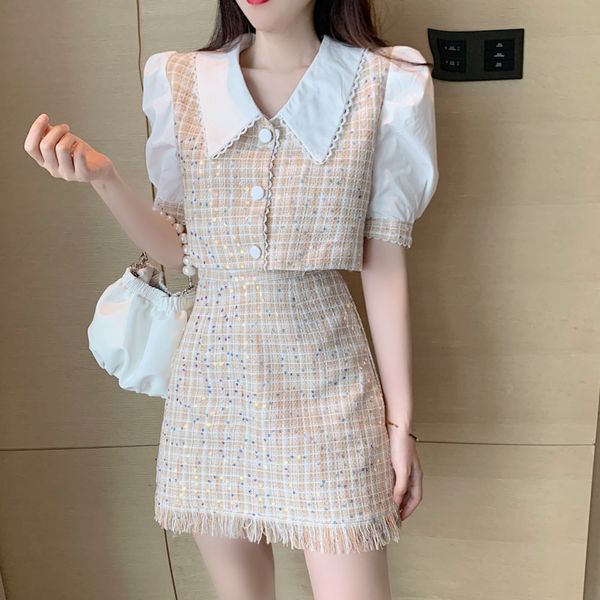 

skirt fashion sweet sequined tweed 2 set women puff sleeve shirt crop & tassel skirts sets suits ladies two piece outfits n1lx, Black