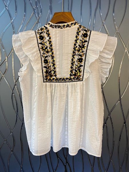 

jackets 100%cotton shirt summer designer fashion women vintage embroidery sequined deco ruffle white black blouse, Black;brown