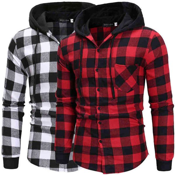 

men's shirts autumn fashion casual plaid shirts long sleeve cotton pullover hooded shirt winter mens blouse w220216, White;black