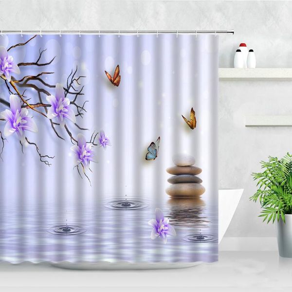 

shower curtains purple floral curtain set butterfly flower zen stone landscape modern home bathroom decor waterproof fabric bath
