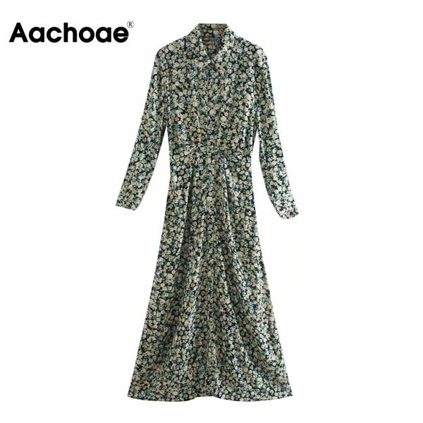 

aachoae women boho long shirt dresses turn down collar floral print maxi dress long sleeve a-line office chic dress 210413, Black;gray