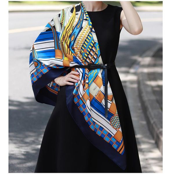 

scarves belts print 100% luxury silk scarf wraps extra large square shawl cape foulard 140*140cm, Blue;gray