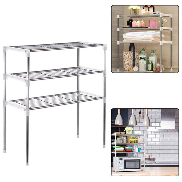 

hooks & rails 3 tier kitchen shelf stainless steel bathroom organizer rack tableware microwave oven stand home office holder
