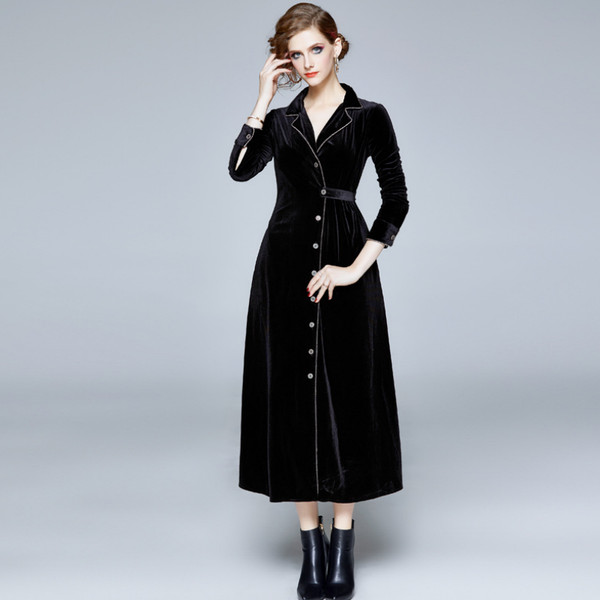 

women's trench coats gold velvet windbreaker ladies mid-length drape temperament autumn and winter slim-fit foreign coat over-the-knee, Tan;black