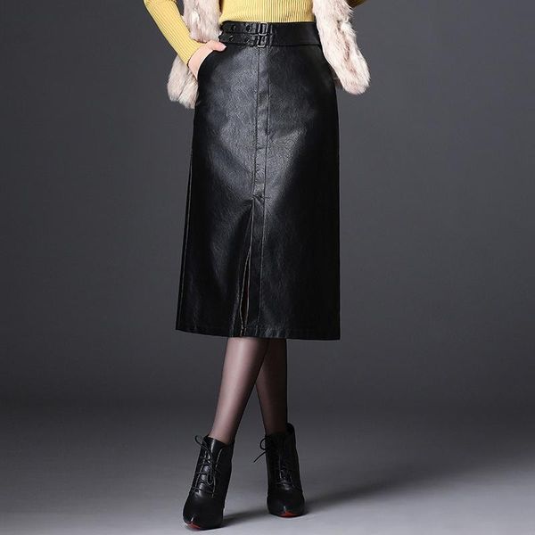

skirts faux pu leather skirt elegant women high waist office lady formal work front split sheath black plus size oversized 4xl