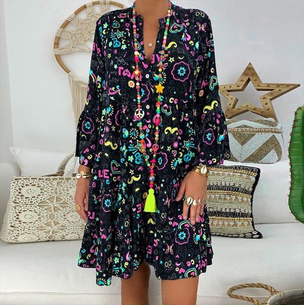 

5xl oversized plus size loose womens dresses floral printed long sleeve v collar button summer beach, Black;gray