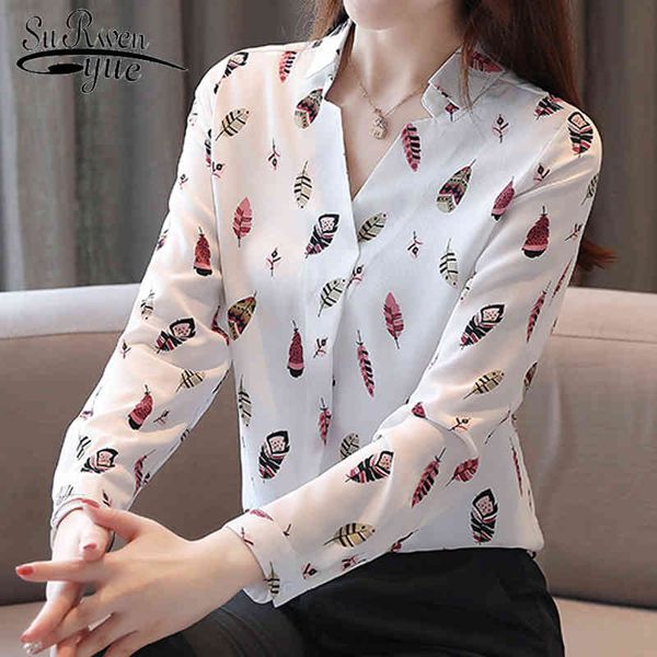

blusas mujer de moda womens and blouses long sleeve print v-neck chiffon shirt women shirts office lady blouse 5709 50 210417, White