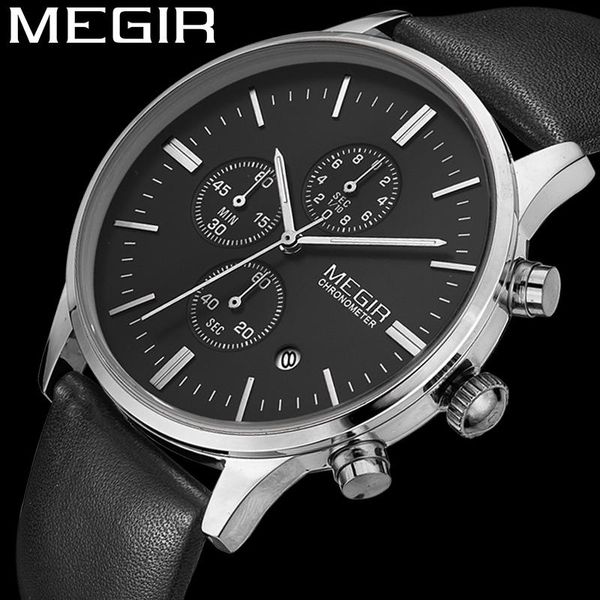 

wristwatches megir watch men waterproof chronograph military male clock black genuine leather man sport wristwatch gift 201, Slivery;brown
