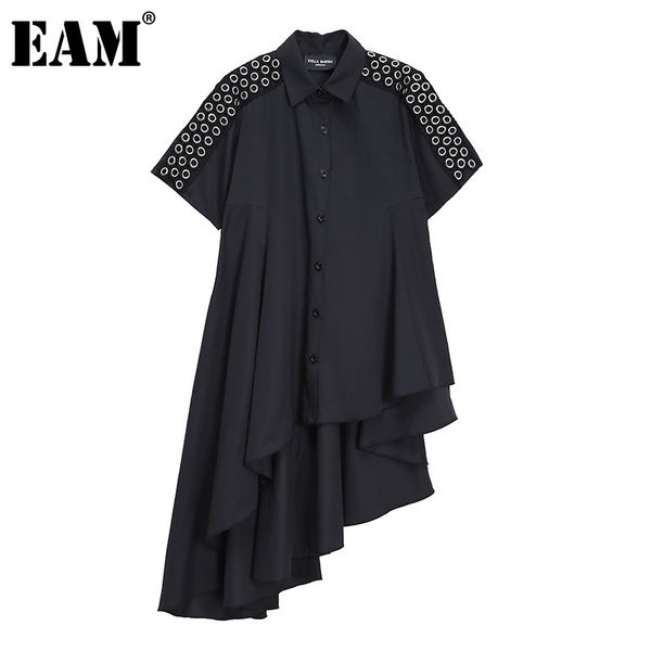 

[eam] women black ruffles big size asymmetrical dress lapel short sleeve loose fit fashion spring summer 1dd7660 210512, Black;gray