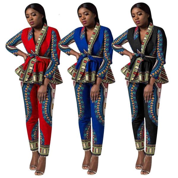 

women's two piece pants designer dashiki print set women spring autumn long sleeve ruffle blazer jackets and casual matching sets retro, White