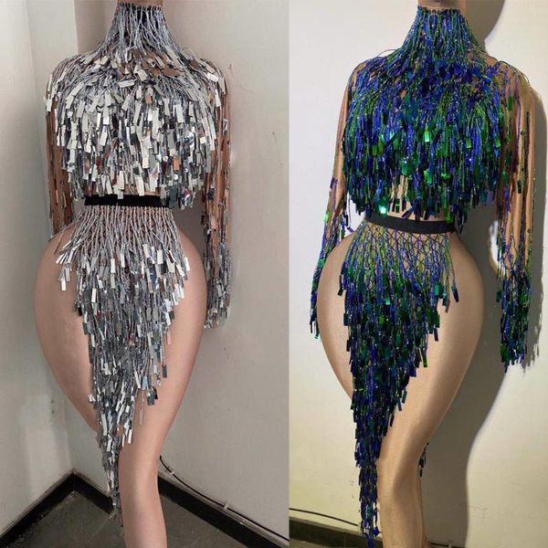 

stage wear long-sleeved high-forked sequined fringed bodysuit nightclub bar women singer gogo dancer costume festival rave clothes xs2244, Black;red