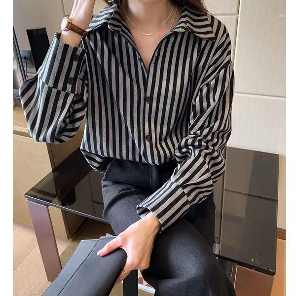 

women's blouses & shirts spring autumn korea fashion women long sleeve loose striped all-matched casual turn-down collar blouse plus si, White