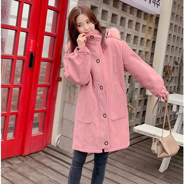 

women's trench coats large size loose mid-length corduroy cotton coat lady winter thickening straight big fur collar hooded lambswool, Tan;black