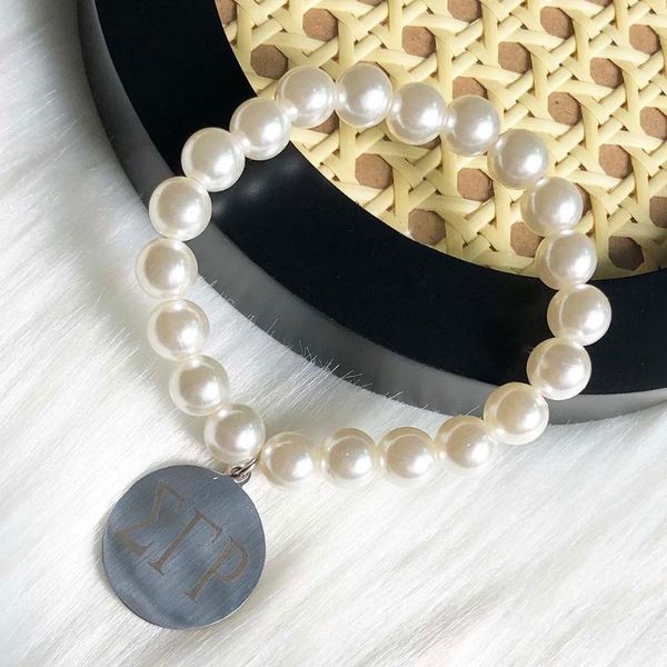 

beaded, strands handmade custom greek sorority elastic line stainless steel name logo pearl bracelet, Black