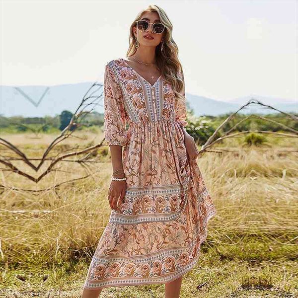 

spring summer womens boho style elegant floral dress ladies v neck high waist half sleeve print long dress pink blue, Black;gray