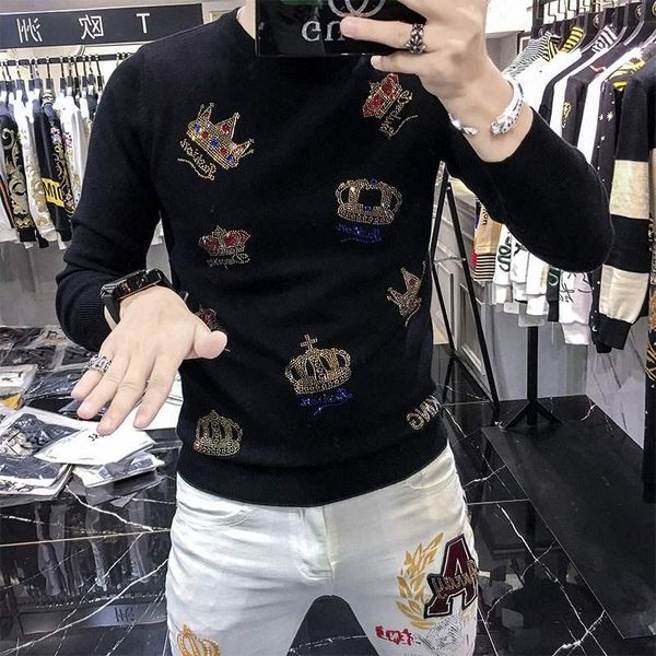 

sweaters 2021autumn and winter round neck men's sweater fashion crown drilling casual slim warm knit pullover gdpi, White;black