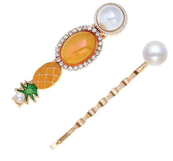 

sweet pearl crystal fruit hair clip set cute pineapple hair barrettes for women girl korean hair accessories, Golden;silver