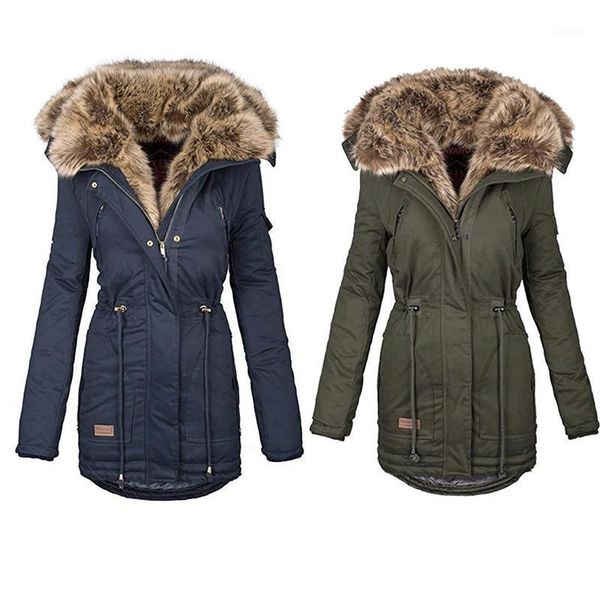 

women's trench coats winter long coat warm fur collar zipper long-sleeved slim pure black green cotton simplee hooded pink, Tan;black