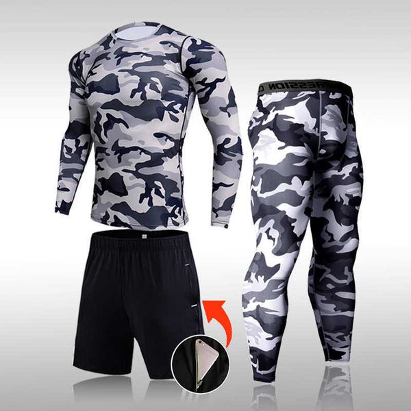 

quick dry camouflage men's running sets compression sports suits skinny tights clothes gym rashguard fitness sportswear men 211006, Gray