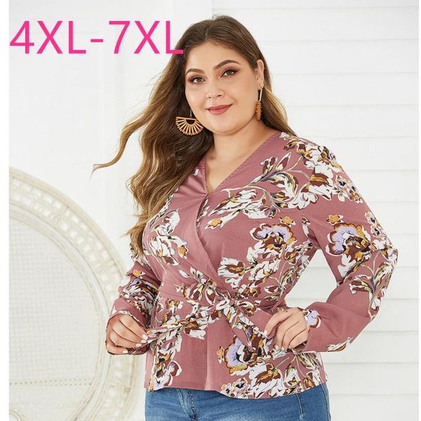 

women's blouses & shirts spring autumn plus size for women large blouse long sleeve casual loose floral print v neck shirt belt 4xl 5x, White