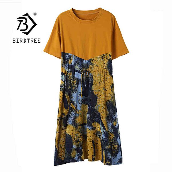 

summer women's patchwork printed 100% cotton knee-length high waist plus size short sleeve o neck dress with belt d13906x 210416, Black;gray