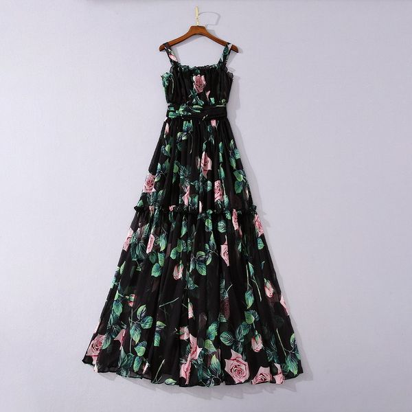 

European and American women's clothing summer style Sleeveless rose print Condole belt fashion Pleated dress, Black;gray