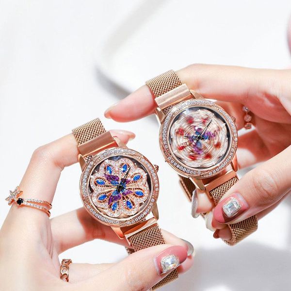

wristwatches watch for women relogio feminino fashion rotating rhinestone waterproof steel mesh belt quartz wrist watchees, Slivery;brown