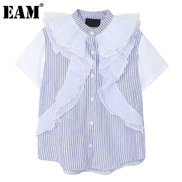 

[eam] women blue striped big size mesh blouse stand collar short sleeve loose fit shirt fashion spring summer 1dd7372 21512, White