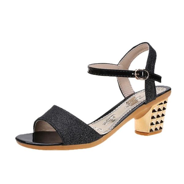 

dress shoes sagace women fashion rhinestone party wedding sandals summer ladies elegant buckle strap thick heels pump, Black