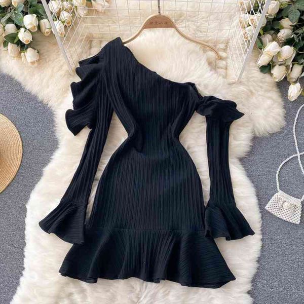 

chic one shoulder long women dress flare sleeve mini autumn fashion ruffles slim high waist a line party vestidos, Black;gray