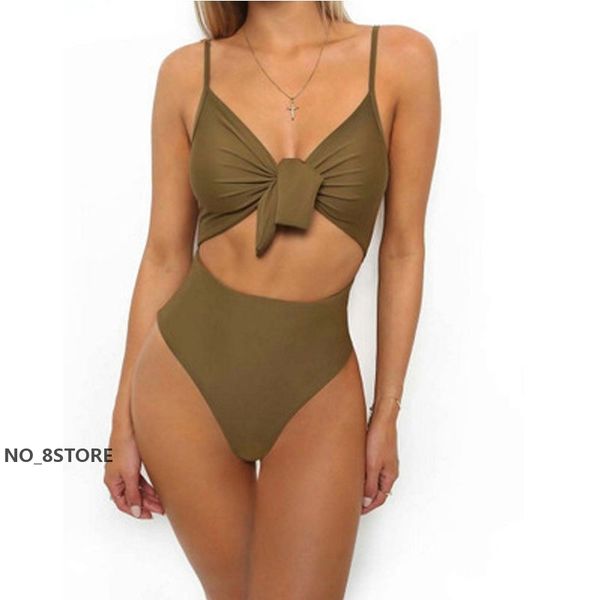 

women one piece bikinis summer sleeveless v-neck bandage bow backless hollow out swimsuits beachwear bathing suit a08