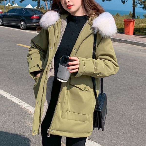 

winter fashion solid parka women casual wool liner hooded thick warm coat streetwear pockets cargo padded jacket 210414, Black