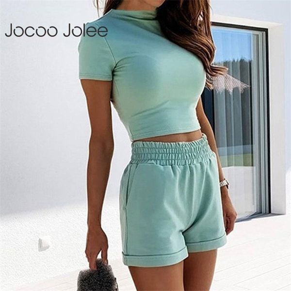 

jocoo jolee women summer two pieces set o-neck casual skinny crop tracksuit and elastic waist pockets loose solid shorts 210721, White